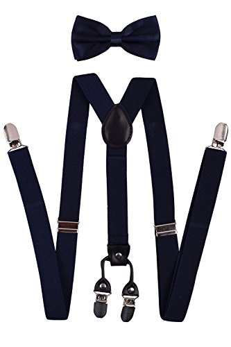 Pre Tied Bow Tie and Navy Blue Suspenders Set Adjustable Braces for Pants Navy - Thumbnail 3