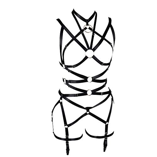 Women's Punk Cut Out Harness Body Full Strappy Lingerie Waist Garter Belts Set Elasticity Bralette Goth EDC Halloween Club Party Dance Rave Wear (Black) - Thumbnail 4