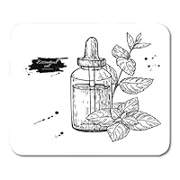 HZMJPAD Mint Essential Oil Bottle and Peppermint Leaves Plant Drawing for Aromatherapy Treatment Alternative Mouse Pad 8.6 X 7.1 in