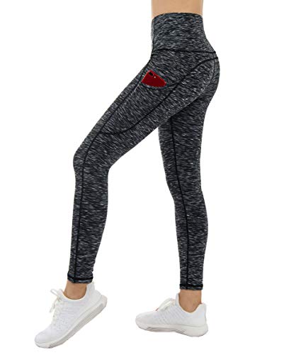 THE GYM PEOPLE Thick High Waist Yoga Pants with Pockets, Tummy Control Workout Running Yoga Leggings for Women (Medium, Space dye-Black)