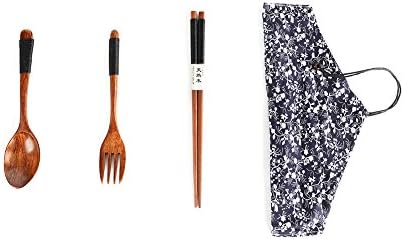 Wices Japanese Natural Vintage Wooden Tableware Sets Contain 1 Fork 1 Spoon and 1 Pair of Chopsticks (Black)