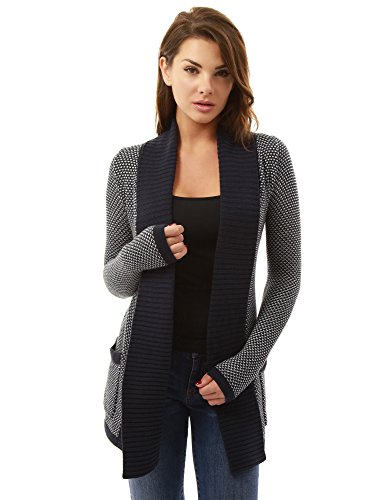 PattyBoutik Women Open Front Marled Sweater Cardigan (Navy Blue and White Medium) - Thumbnail 4