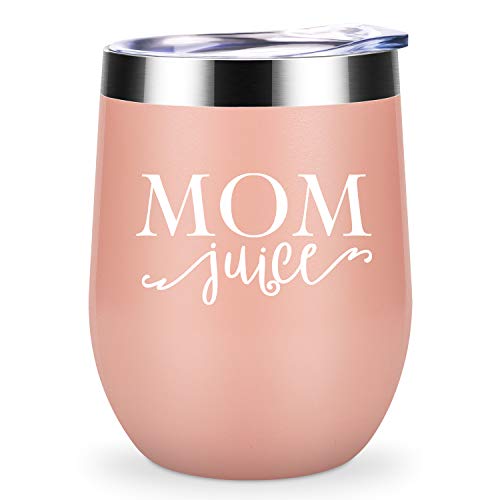 Mom Juice - LEADO 12 oz Stainless Steel Insulated Wine Tumbler with Lid and Straw, Unique Stemless Sippy Cup, Funny Novelty Mom Gift for Birthday, Valentines, New Mom, Mom To Be (Blush Gold)
