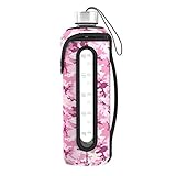 32 Oz Glass Water Bottle Insulated Sleeve Leak Proof Lids Time Markings & Measurements BPA Free For To-Go Travel At Home Reusable Safe For Hot Liquids Tea Coffee Daily Intake (Pink Camo)