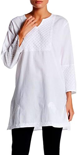 KC Signatures Women's Solid White Cotton Tunic Top Blouse Shirt Summer Coverup With Embroidery (XL)