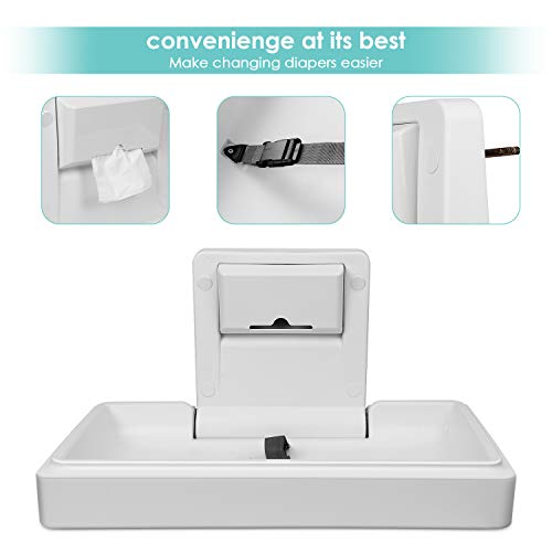 TUSY Wall-Mounted Baby Changing Station Horizontal Fold-Down Diaper Change Table with Safety Straps for Commercial Bathrooms and Home Supports up to 220 Lbs (White Granite)