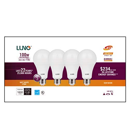 LUNO A21 Dimmable LED Bulb, 15W (100W Equivalent), 1600 Lumens, 2700K (Soft White), Medium Base (E26), UL & Energy Star (4-Pack)