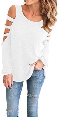Vicheer Women's Sexy Long Hollow Out Sleeves Plain Cold Shoulder Loose Tshirt Blouses White XL