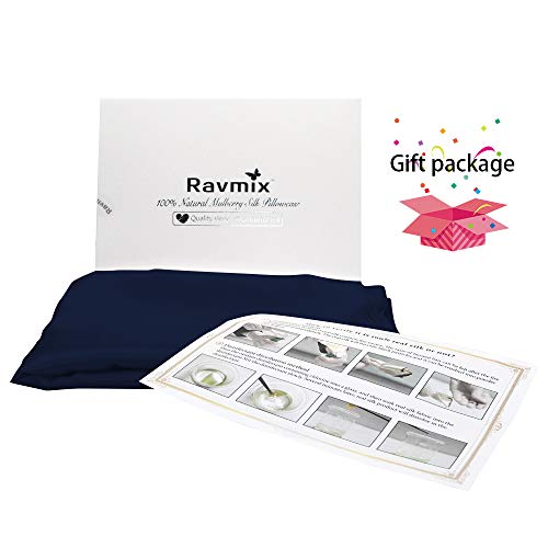 100% Pure Mulberry Slip Silk Pillowcase Standard Size 21 Momme 600 Thread Count for Hair and Skin With Hidden Zipper, Hypoallergenic Soft Breathable Both Sides Silk Pillow Case, 20×26inches, Navy Blue