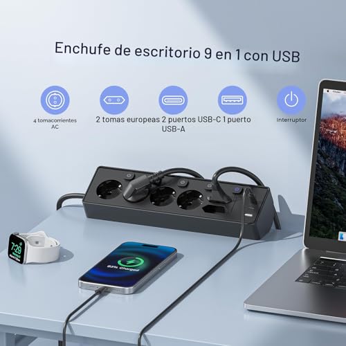 Desktop Power Strip with USB C (PD 30W), Individual Switches Desktop Power Socket, Surge Protection Sockets, 2 Meter Cable for Home Office, 2M Cable, Black