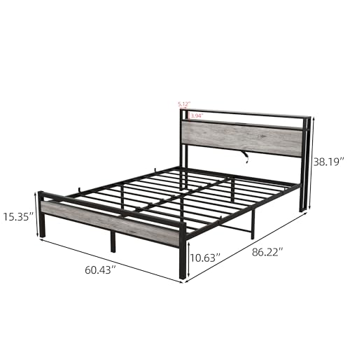 HOJINLINERO Queen Bed Frame with Storage Headboard/USB Charging Station,Metal Platform Bed Frame Queen Size Mattress Base No Box Spring Needed,Heavy Duty Metal Slats,Under Bed Storage,Noise-Free,Grey