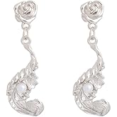 Vintage Zinc Alloy Leaf Rose Stud Earrings for Women Statement Jewelry Gifts Elegant Simulated Pearl Charms 925 Sterling Silver Posts