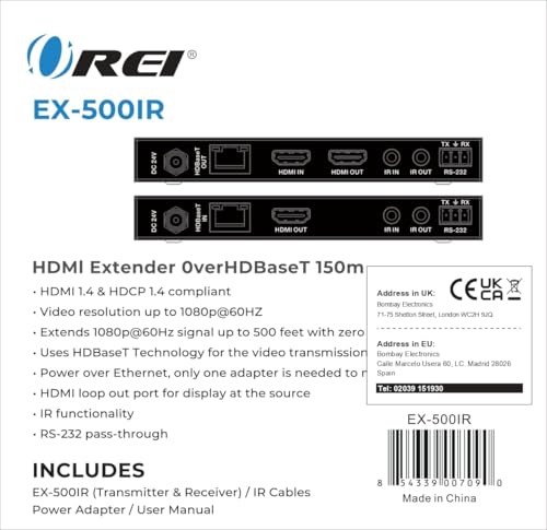 OREI HDBaseT HDMI Extender over Cat5e/6 Ethernet LAN cable - Up to 500 Feet - IR, HDMI Loop-out, RS-232, PoC, HDMI Balun (EX-500IR)