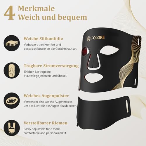FOLOKE LED Face Mask - LED Light Therapy Mask for Face Care, 7-Colour Light Waves, Red Light Mask for Face and Neck, Red - 5 Brightness Levels, Red Light Mask for Home