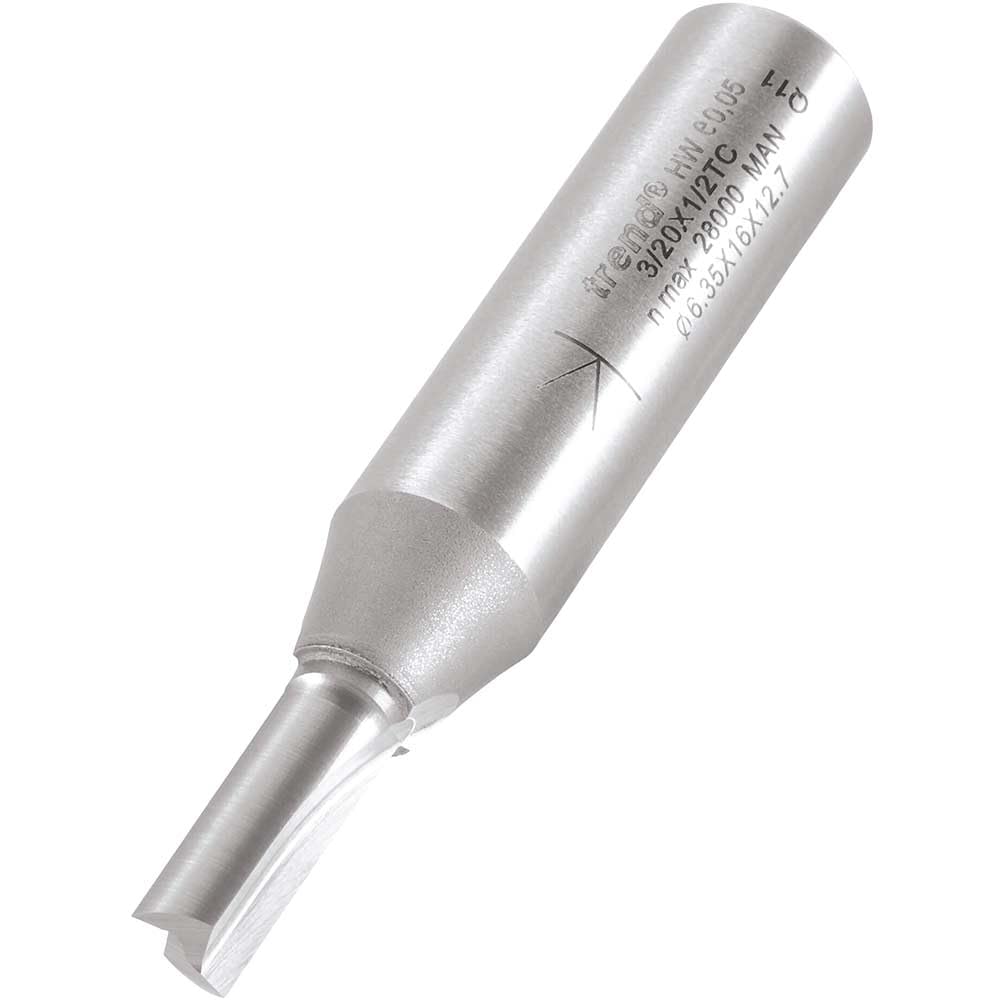 Trend Professional Straight Two Flute Router Cutter, 1/2 Inch Shank, 6.3mm Cut Diameter, Tungsten Carbide Tipped, 3/20X1/2TC