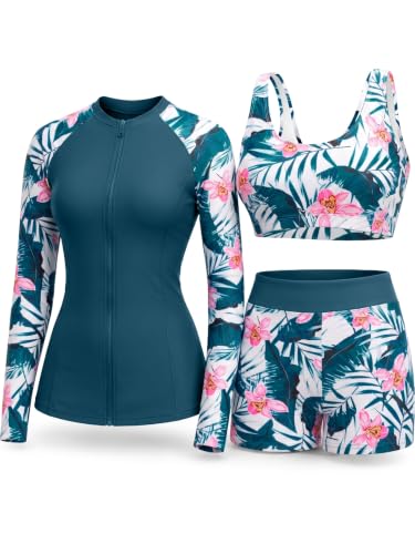 Holipick Women's Rash Guard Set Teal Flower