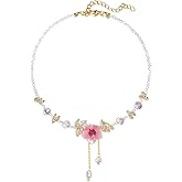 Cute Pink Flower Pendant Transparent Crystal Beads Choker Necklace for Women Sweet Dainty Handmade Adjustable Rhinestone Beaded Chain Necklaces Fairy Y2k Pearl Tassel Charm Summer Beach Jewelry