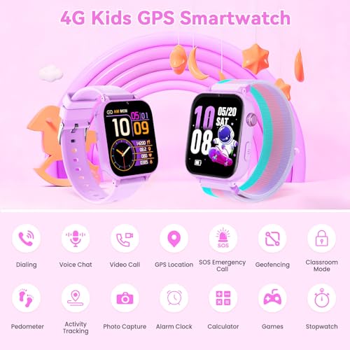 Berilona 4G Children's Smartwatch, Children's Smartwatch with Video Call and GPS, Phone, Voice Chat, SOS, School Mode, Alarm Clock, Pedometer, Games, Ideal Gift for Children 4-12 Years, Purple