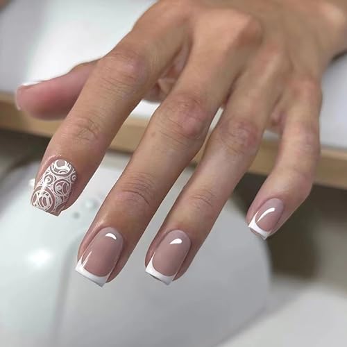 French Press on Nails Square 24Pcs Glossy Full Cover Medium Artificial White Fake Nails with Geometry Designs Coffin Acrylic False Nails Sets Glue Stick on Fingernails with Charm for Women at Amazon