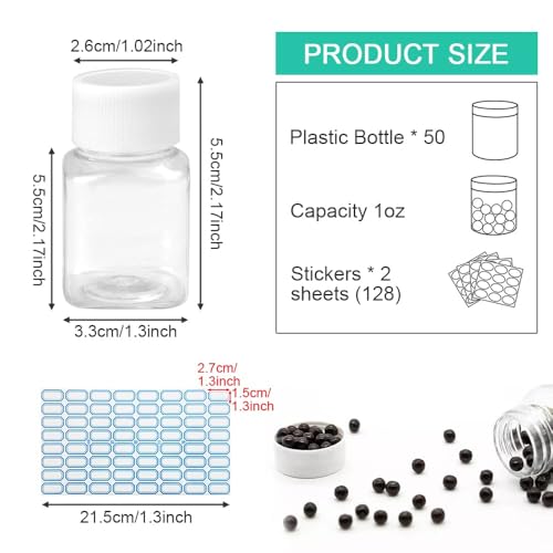 50 Pcs 30ml Clear Plastic Square Bottles with Screw Caps, Refillable Travel Bottles with Inner Gaskets, Small Leak-Resistant Empty Containers with Writable Labels for Toner, Lotion, Shampoo, Crafts