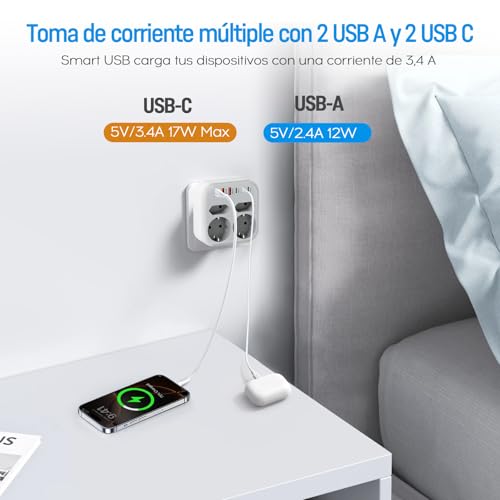 Thief Flat Sockets, 10 in 1, Multiple Plug with 6 USB, 2 Schuko and 2 EU Plugs, Wall Sockets, Double Plug 3500W, Thief USB C Plugs for Mobile, Family, Office, Kitchen, Grey White