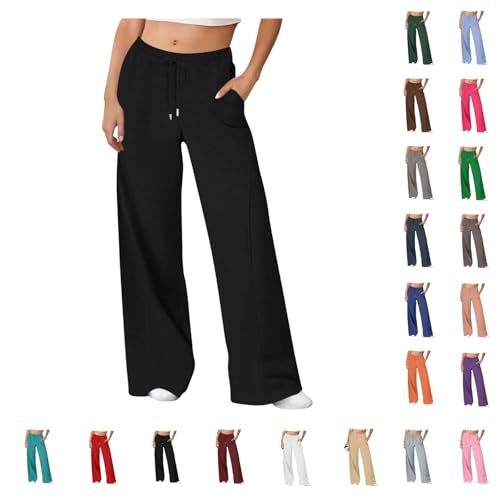 Wide Leg Joggers for Women Ladies 2025 Trendy Plain Soft Sweatpants Drawstring Straight Leg Pants Elastic Waist Tracksuit Bottoms with Pockets Running Clothes Fall and Winter Black