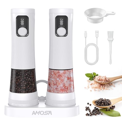 AMOSA Salz Und Pfeffermühle Elektrisch Set, 5 Externe Mahlgrade Einstellbar