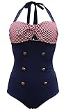 Gabrielle-Aug Retro Sailor Nautical One Piece Swimsuit Swimwear (M, Navy Blue)