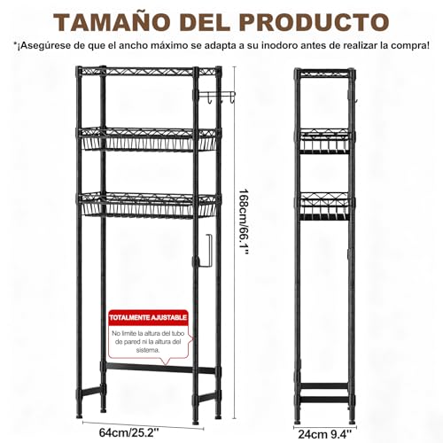 LOKOOY Estantería sobre el Inodoro, Organizador de Baño de 7 Niveles Ajustable, Mueble para Inodoro, Ahorro de Espacio con Ganchos (Negro Moderno)