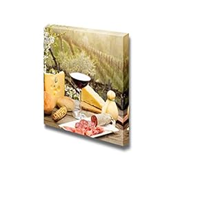 Canvas Wall Art - Red Wine Glass with Cheese Anf Ham Against Vineyards Hill | Modern Home Art Canvas Prints Gallery Wrap Giclee Printing & Ready to Hang - 12" x 12"