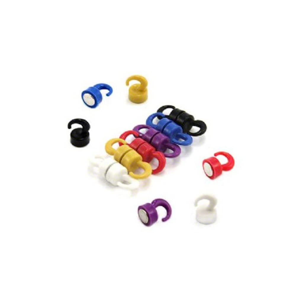 Rainbow Coloured Plastic Mini Magnetic Hooks for Fridge, Office, Whiteboard, Noticeboard, Filing Cabinet - 12mm Dia x 20mm Tall - 1kg Pull - Pack of 12 — image 1
