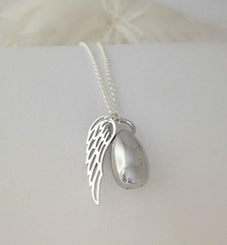 Cremation Urn Necklace Sterling Silver Memorial Necklace with Discreet Stainless Steel Teardrop Urn Pendant and Sterling Silver Angel Wing charm Remembrance Jewelry Mom, Dad, Loved one, Pet Ashes