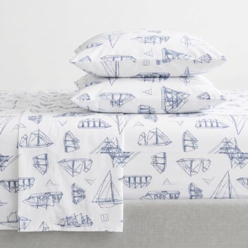 Nautica - Full Size Sheet Sets, Cotton Percale Bedding, Crisp & Cool, Coastal Bedding Set (Whitewood Sail Blue, Full)