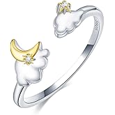 Cute Moon Star Cloud Statement S925 Sterling Silver Ring for Women Dainty Crystal Adjustable Open Stackable Ring Promise Engagement Tail Middle Finger Band Trendy Jewelry for Daughter Mom