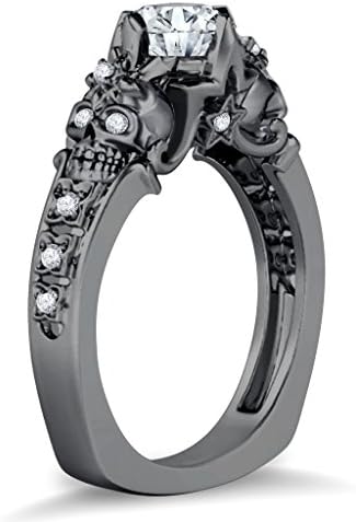 Silvercz Jewels Two Skull Floral & Star Design Round Cut White CZ Diamond Black Gold PL Ring