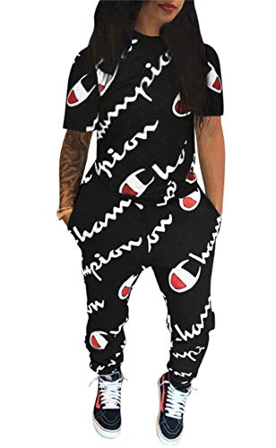 Womens 2 Piece Outfits Letter Print Short Sleeve Crop Top and Long Pants Set Jumpsuit Romper