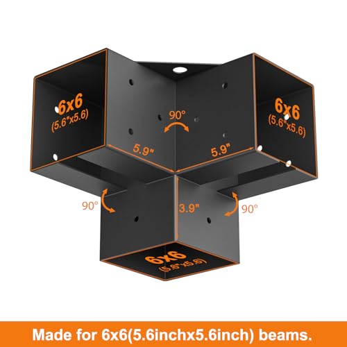 ORIGLE 6x6 Pergola Brackets, 3-Way, 5.6 x 5.6 in Inner, 4 Pack | 2 mm Powder-Coated Steel Corner Connectors with Screws for DIY Gazebos, Patio Covers, Log Cabins and Courtyards