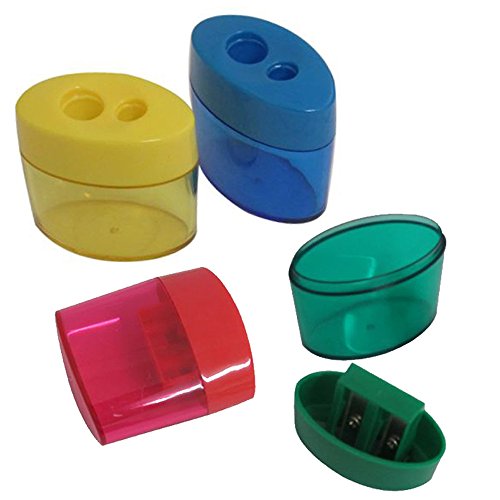 Mega Pack Of 12 Double Hole Oval Shaped Pencil Sharpener With Cover And Receptacle - Comes In 4 Colors! By Mega Stationers