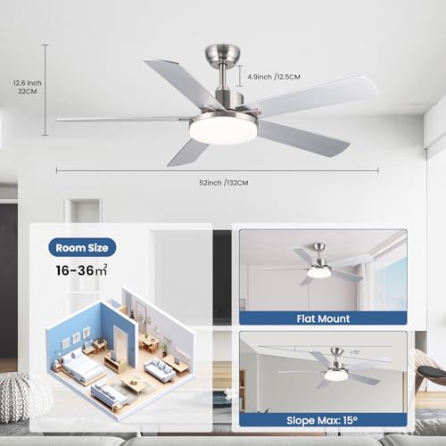 Newday 52" Ceiling Fan with Light and Silver Remote Control, Reversible 5 Ceiling Shovel with Dimmable Light, Large Silent Ceiling Fan for Living Room, Bedroom, Kitchen, Terrace