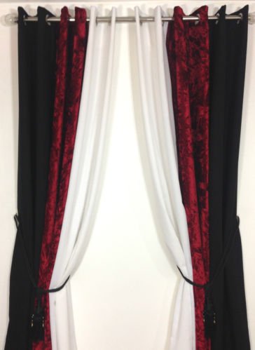 Pair Of 3 Tone Crush Velvet Fully Lined Eyelet Curtains In Red
