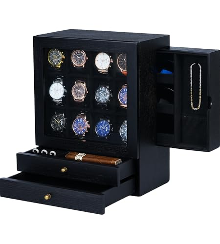 sensok Large Watch Box for Men - 12-Slot Watch Display Case with Side Drawers for Sunglasses Necklaces, 2 Bottom Drawers for Jewelry Rings and More - Gift for Your Loved Ones, Black and Black