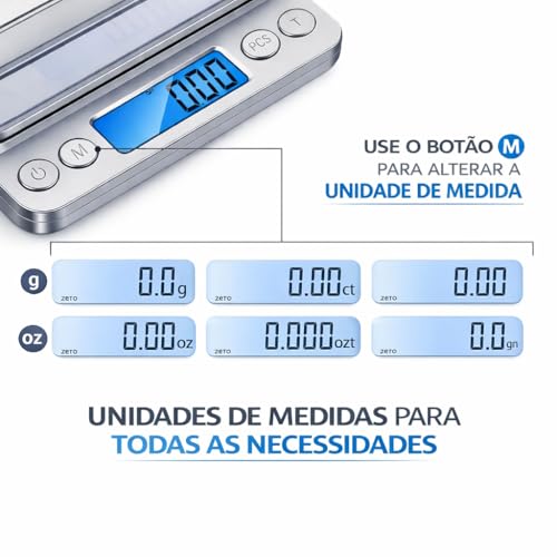 Balança Digital de Precisão 0,1g a 2kg para Cozinha e Jóias, Visor LCD Iluminado, 9 Unidades, Função Tara e Contagem de Peças, 2 Bandejas, Portáil Desligamento Automático