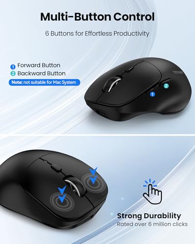 TECKNET Wireless Mouse, Rechargeable Bluetooth Mouse(Tri-Mode: BT 5.0/3.0+2.4G), 4800DPI Adjustable, Ergonomic Cordless Silent Mouse for Laptop, PC, Computer, 6 Buttons, Black