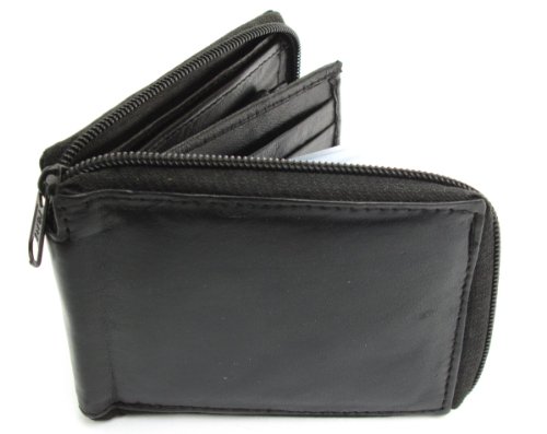 Mens Black Leather Wallet Lamb Zippered Bifold 782