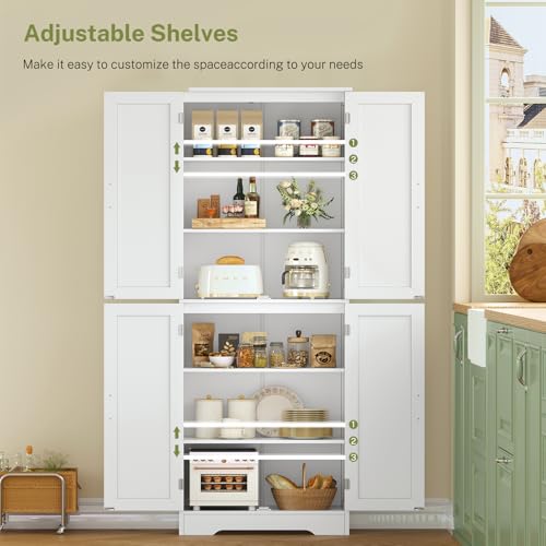 TEENFON 67" Storage Cabinet, Kitchen Pantry Cabinet with 4 Doors and 2 Adjustable Shelves, Tall Bathroom Cabinets, Cupboard, for Dining Room,White