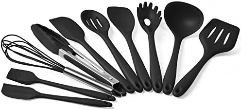 Kitchen Utensils,TWH 10 Silicone Sets, Home Baking Cooking Tools Cookware Gadgets Contains Pasta Fork,Spoonula,Tong,Slotted Spoon,Ladle,Turner,Large Spatula,Small Spatula,Basting Brush,Whisk (Black)