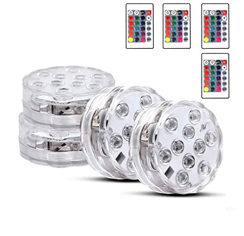 Gluckluz Submersible LED Lights Aquarium Swimming Pool Decorations Waterproof RGB Decor. Light with Remote Control for Fish Tank Home Underwater Vase Base Pond (10 LED, Battery Power,4 Packs)