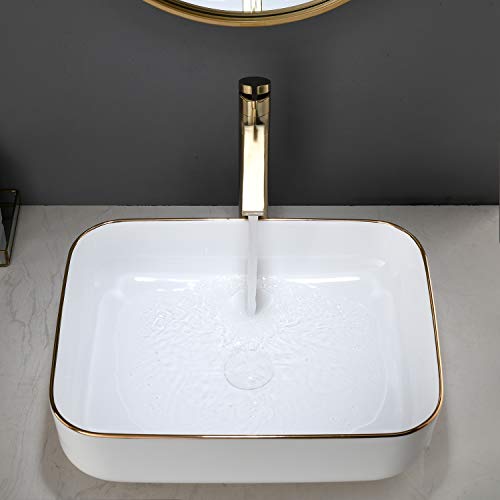 Ufaucet Modern White Rectangular Above Counter Countertop Porcelain Ceramic Bathroom Vessel Vanity Sink with Golden Rim