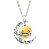 Jiayiqi Womens Funny Emoji Glass Cabochon Necklace Vintage Crescent Hollow Pendant Necklace