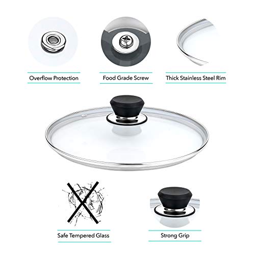 GOURMEX Tempered Glass Cookware Lid with Stainless Steel Rim and Black Handle to Fit Pots, Frying Pans and Skillets, Equipped with Vent Hole, Dishwasher and Oven Safe, Heat Resistant (11 Inc)
